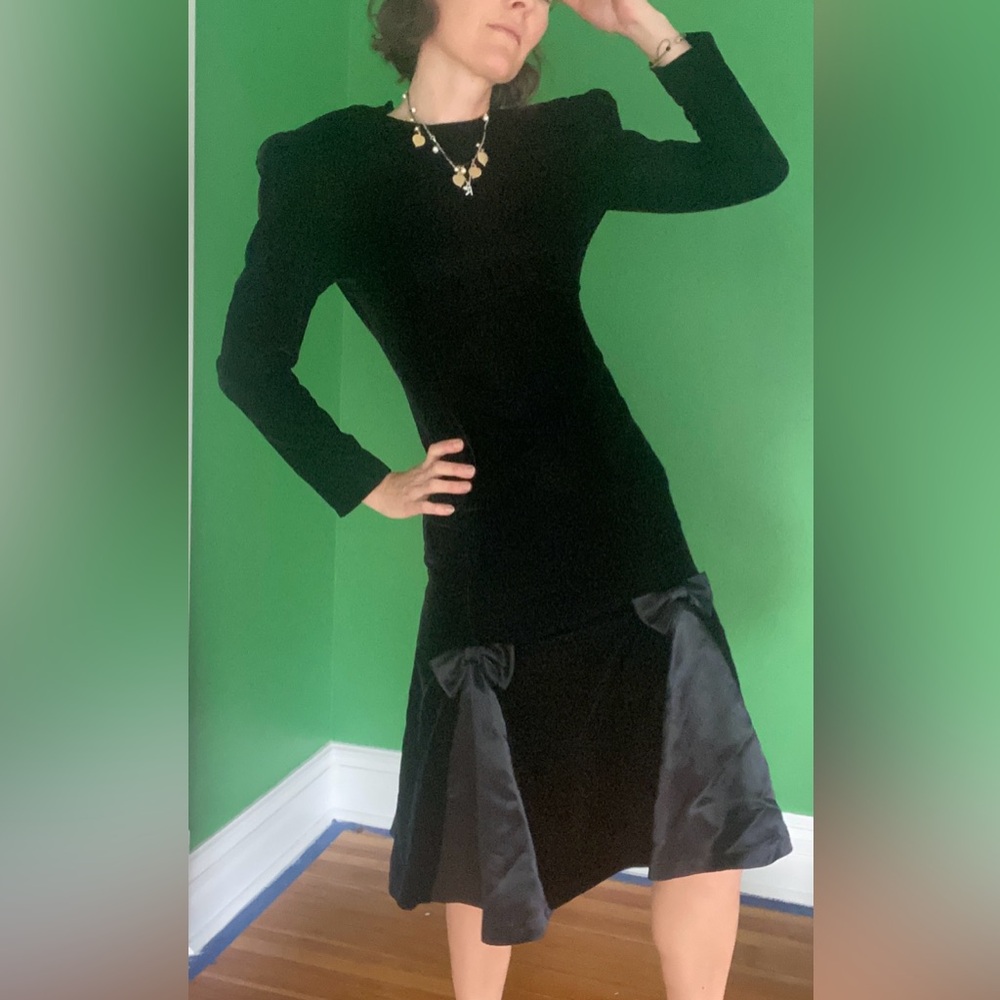 Vintage 80s ACT New York Black Velvet Puff Sleeve Midi Dress bow ties victorian